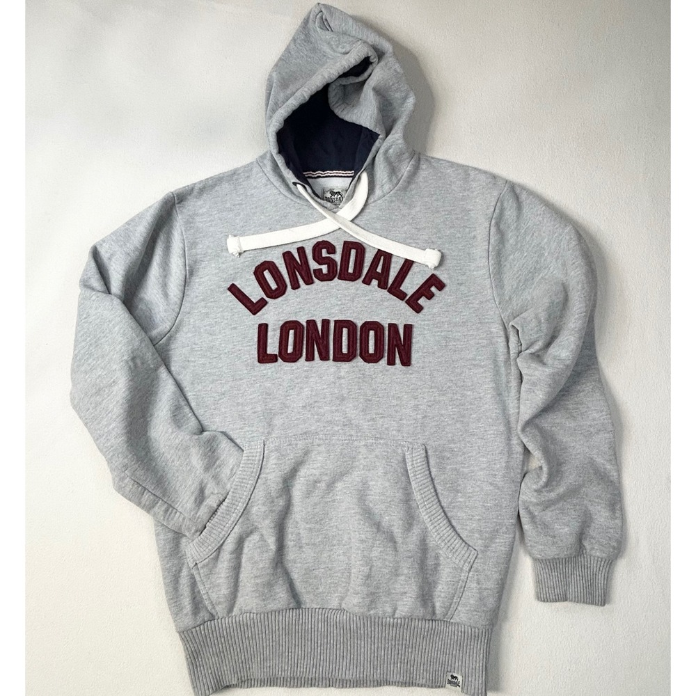 LONSDALE LONDON Mens Small Hoodie Gray Burgundy Applique Logo Pullover